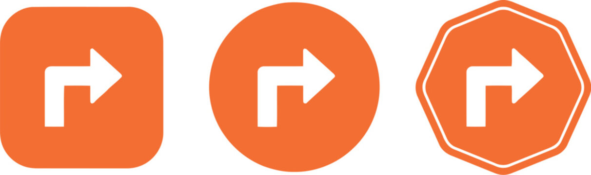 Orange right turn arrow icons set, flat vector traffic direction symbols for navigation and road signage