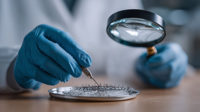 Close up of hands threading fine wire electrodes through precision guide tool in neurosurgery simulation lab, magnifying glass nearby, blue gloves, surgical steel tray, perfect for deep brain stimul