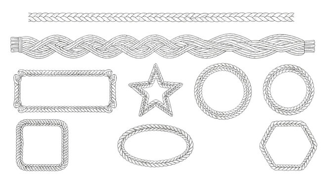 Selection of black and white hand-drawn braided rope borders and geometric frames in shapes like star, circle, and hexagon.
