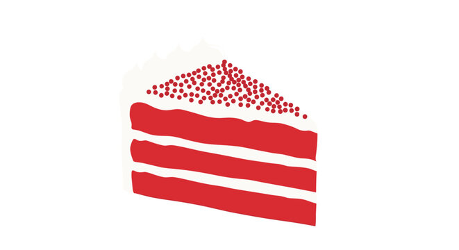 Slice of classic red velvet layer cake with white cream cheese frosting and red sprinkles isolated on white background.