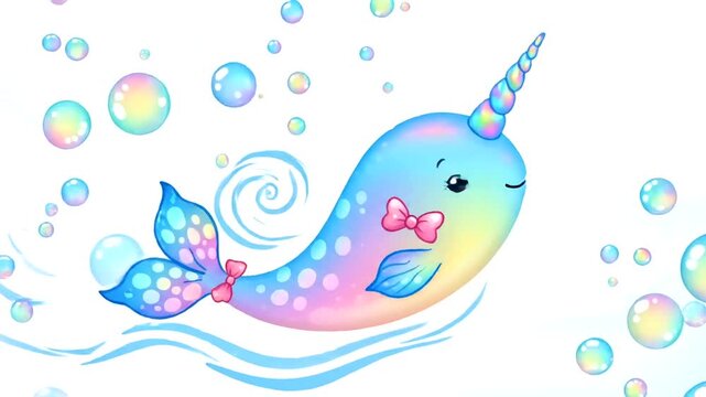 narwhal cartoon sea animal swim.
