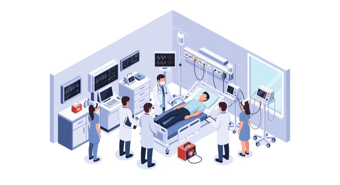 Isometric vector art depicts medical staff attending to a patient in a modern hospital room with various equipment, shown with clean, bright lighting and a focus on detailed character