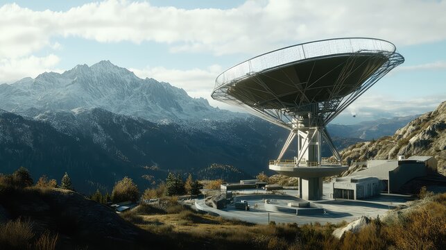 Modern radio telescope on a mountain summit, large parabolic dish scanning the sky for signals and collecting astronomical data for scientific research and space exploration