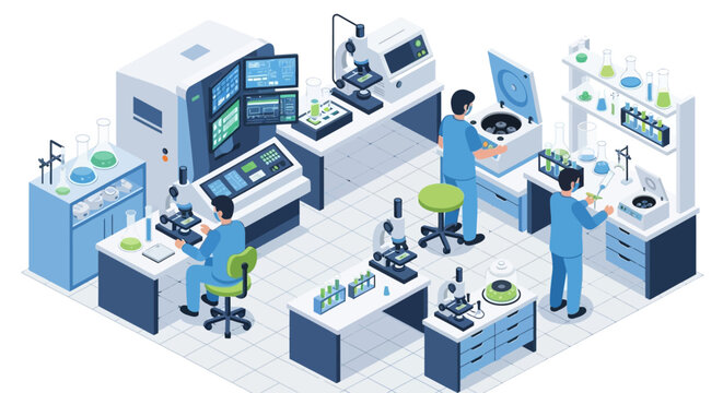 Isometric vector art depicts a laboratory room at a hospital, where medical personnel are conducting tests using microscopes and other equipment in a brightly lit, clean environment