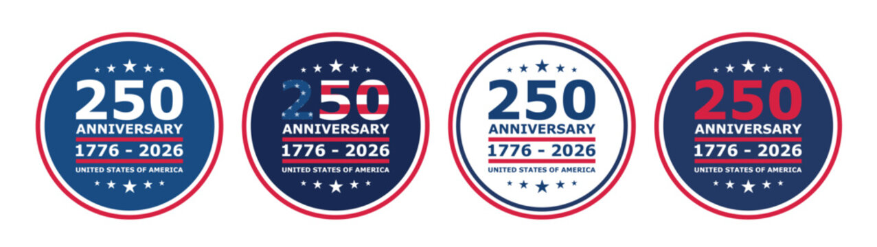 250 anniversary us badges set in patriotic style. Collection of labels, stickers and emblems for Independence Day, banners and celebration designs