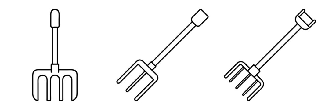 Three outline drawings of a gardening fork with different handle designs