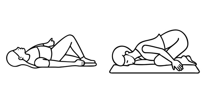 Stylized line drawing showing yoga poses, relaxing and forward fold positions