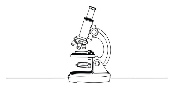 Single continuous line drawing of a scientific optical microscope representing biology research laboratory equipment for educational materials and medical innovation presentations