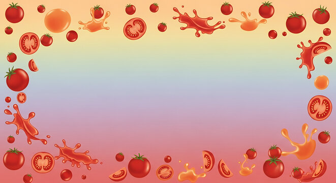 La Tomatina, pastel gradient with tomato icons and splashes