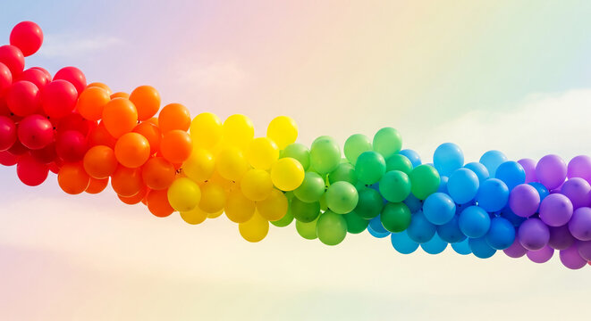Row of vibrant balloons in rainbow colors against a light sky, representing celebration, diversity, and joy, suitable for festive events or pride concepts