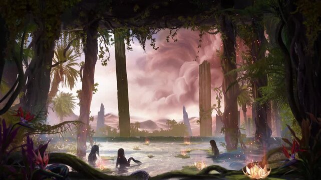An ancient oriental temple, ruins in an oasis entwined with vines. Inside there is a pool with mermaids who are watching an impending sandstorm in the desert. clean looped 2d animated art 