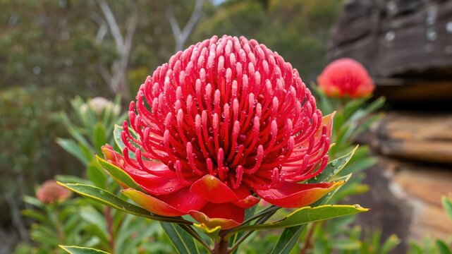 Vibrant red Telopea speciosissima Waratah flower endemic botanical specimen in natural bushland