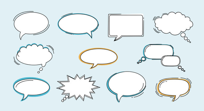 Collection of twelve different hand drawn speech bubbles and thought clouds in various shapes with blue and orange accents.