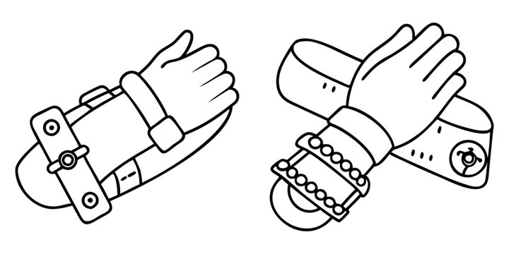 Two illustrations of hands attached to medical wrist brace devices for support