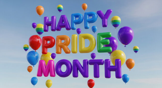Colorful "Happy Pride Month" text with vibrant balloons floating in a blue sky, symbolizing celebration, diversity, and inclusivity for a joyful concept