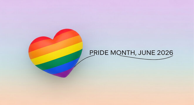 3D heart painted with rainbow colors, representing diversity and inclusion, standing for Pride Month celebration, suitable for banners and greetings