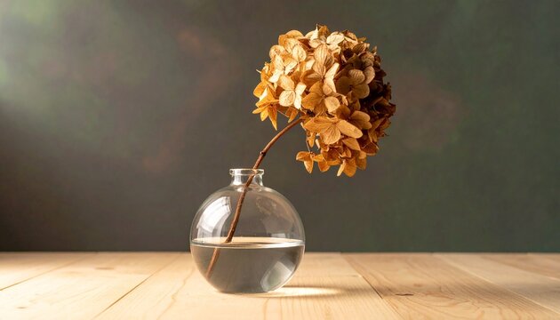 Dried brown-petal flower in clear glass vase, thin curved stem, light wooden surface, muted green-gray background, minimalist contemplative aesthetic, symbolizing natural decay, simplicity, serene sti
