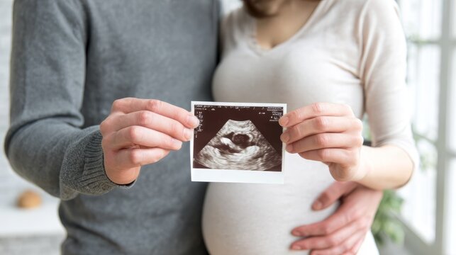 Man and pregnant woman holding ultrasound scan result. Loving couple expecting baby. Future parents looking at sonogram image. Prenatal healthcare concept, medical checkup for gestation.
