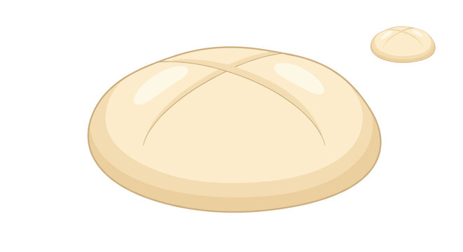 Large round loaf of unbaked bread dough with a cross cut on top shown from two different perspectives on white.