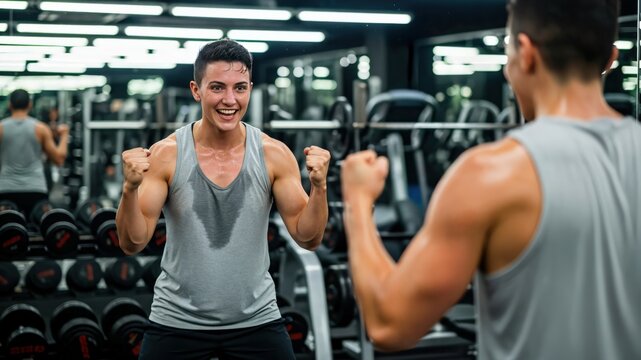 Sweaty Nonbinary Person Celebrating Workout Success in Front of Gym Mirror