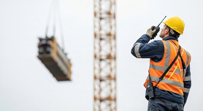 Male Construction Site Supervisor Using Radio for Crane Load Coordination