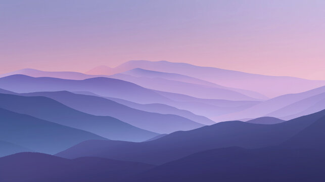 Layered mountains fade into a soft purple and pink sky at dawn
