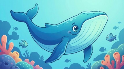 Fototapeta premium Cartoon large blue marine mammal whale illustration