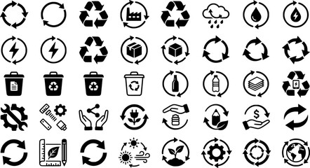 Obraz premium Closed Loop Icons. Closed Loop Systems. Line icon set of Closed Loop Systems: looped cycle, factory loop, water cycle, energy loop, product return, 