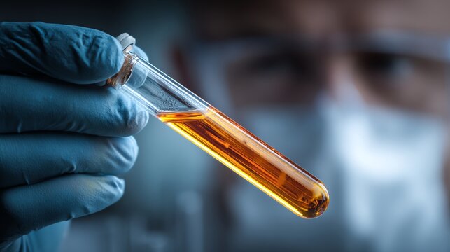 A close-up image of a laboratory technician holding a test tube filled with a vibrant orange liquid