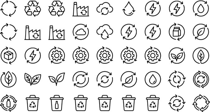 Closed Loop Icons. Closed Loop Systems. Line icon set of Closed Loop Systems: looped cycle, factory loop, water cycle, energy loop, product return,
