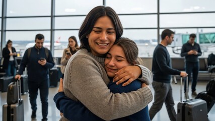 Obraz premium Emotional Reunion of Two Hispanic Sisters Hugging at Airport Terminal Gate
