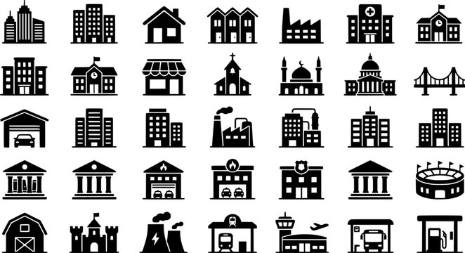 Set of 35 minimalist building icons including houses, factories, churches, bridges, skyscrapers
