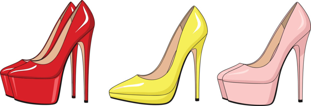 Colorful High Heel Shoes Collection with Red, Yellow, and Pink Platform Pumps Elegant Fashion Footwear Vector Illustration for Women Style Design