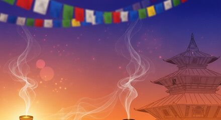 Naklejka premium Nepal Temple Festival gradient banner with incense smoke and flags