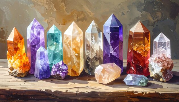 A stunning collection of natural crystal points and clusters displayed on a rustic wooden surface.