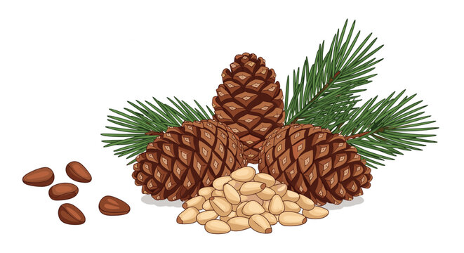 Natural arrangement of brown pine cones with green needle branches and a pile of shelled and unshelled pine nuts on a light background.