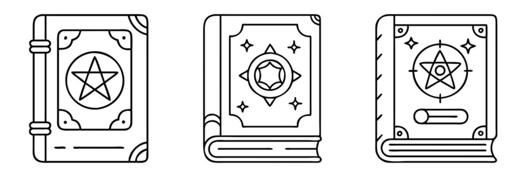Three enchanting black and white witch grimoires spell books with mystical symbols