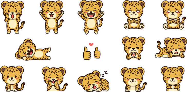 Cute Baby Leopard Cartoon Character Set Showing Different Actions Sleeping Playing Sitting and Drinking Milk Adorable Animal Vector Illustration Collection