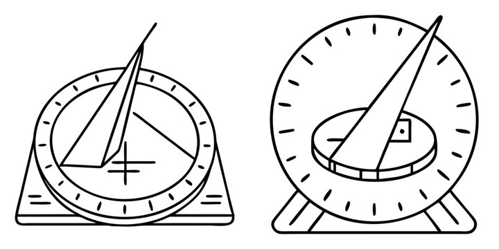 Outline illustration featuring two different style sundials for telling time with sun