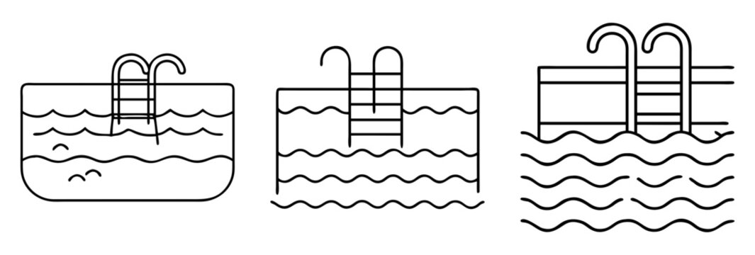 Three swimming pool icons with ladders and water surface waves