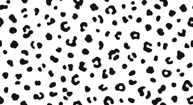 Seamless black and white animal print pattern featuring irregular spots inspired by the fur of a leopard or cheetah on a white base.