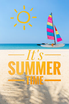 It's summer time banner with sailing boat on blue sea, summer season concept, outdoor day light, 