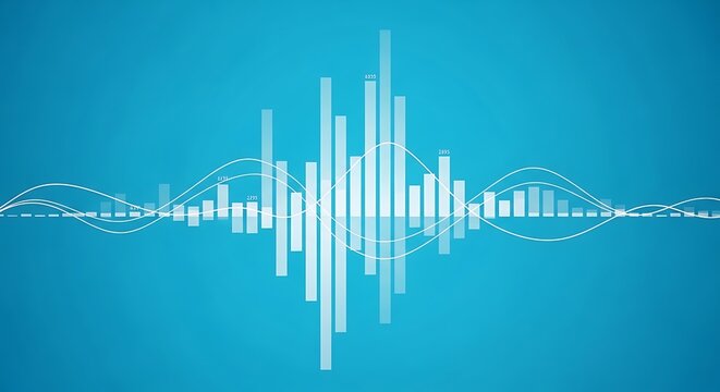 Digital audio waveform visualization with white vertical bars and thin wavy lines on blue background