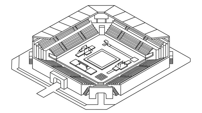 Isometric architectural illustration of pentagonal government headquarters complex.