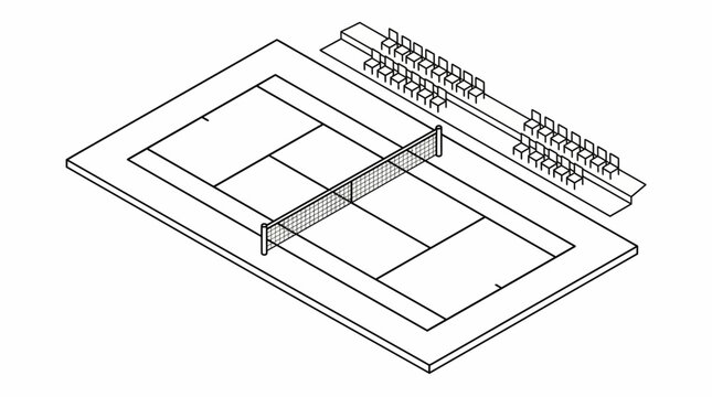 Aerial schematic illustration of a tennis court with bleacher seating.