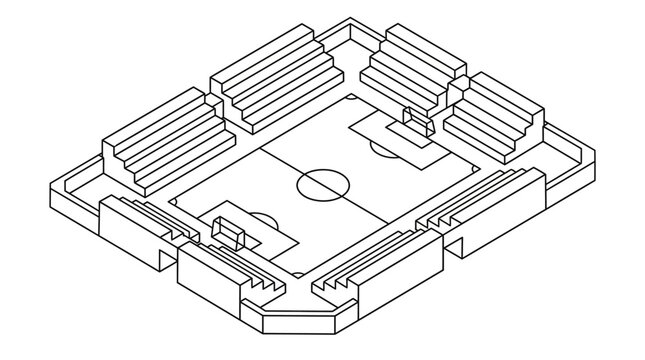 Isometric line drawing of a small rectangular soccer stadium with surrounding stands and entrances.