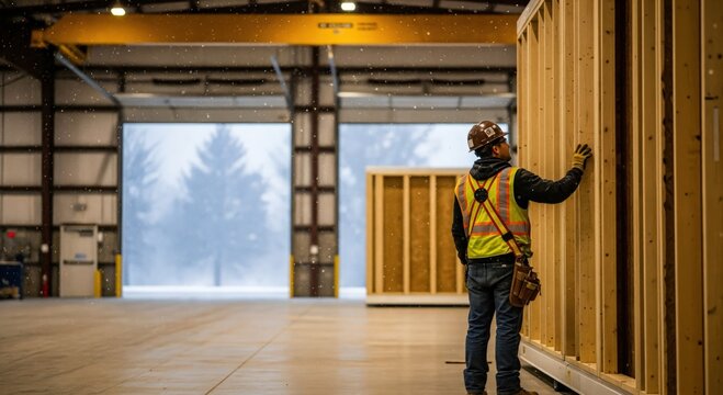 Male Construction Worker Inspecting Prefabricated Modular Wall Panel in Factory