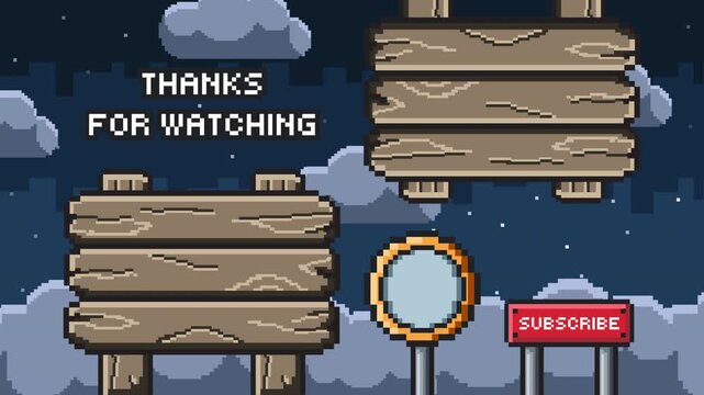 Pixel art game outro credits layout with wooden frame UI and decorative elements classic retro ending animation Prores 4K 60fps