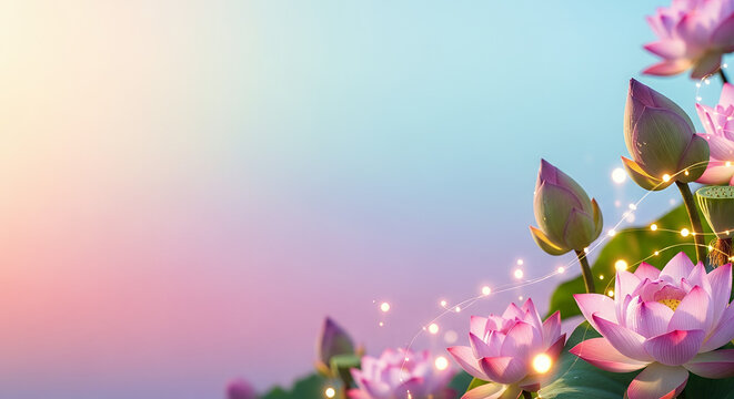 Poson Poya, pastel gradient with lotus and glowing lights