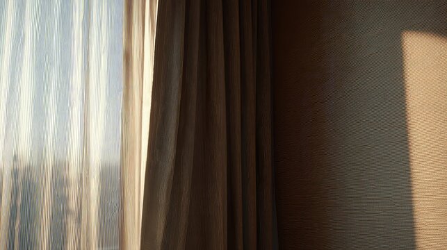 Sunlight illuminates sheer and heavy privacy curtains, casting soft shadows across the textured wall and creating a peaceful and serene atmosphere in the cozy interior space